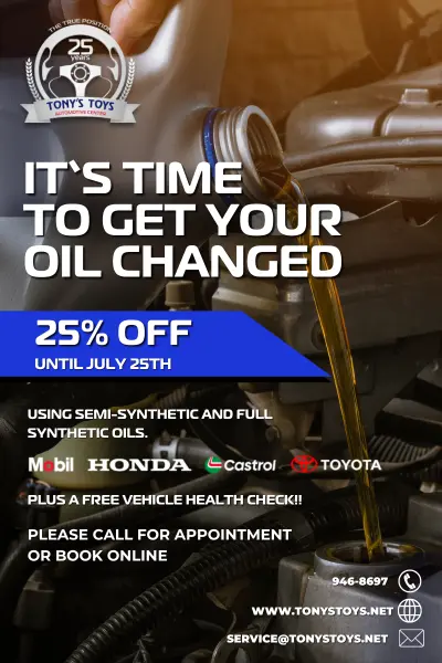 oil change special 25% off until July 25